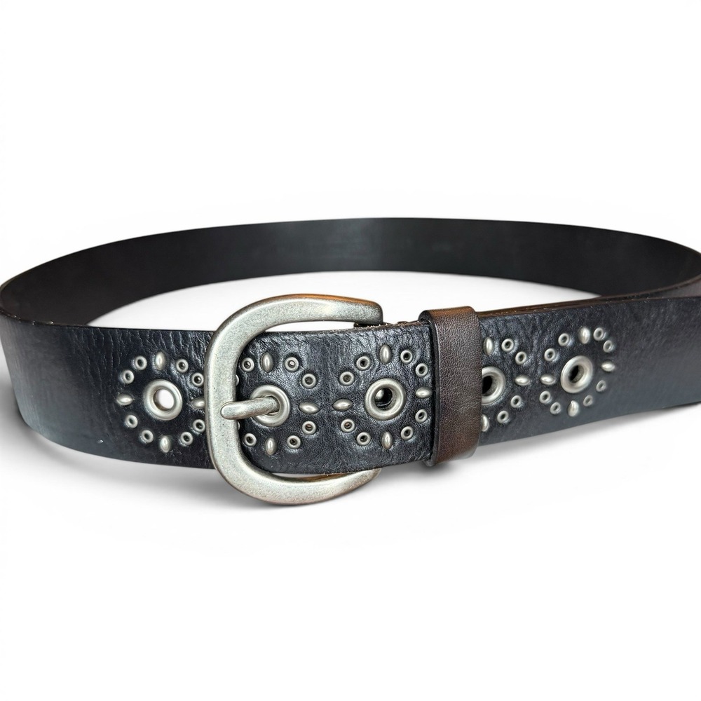 Fossil Boho Hippie Belt L Black Leather Studded Floral Grommet Vintage Y2K - Picture 1 of 7